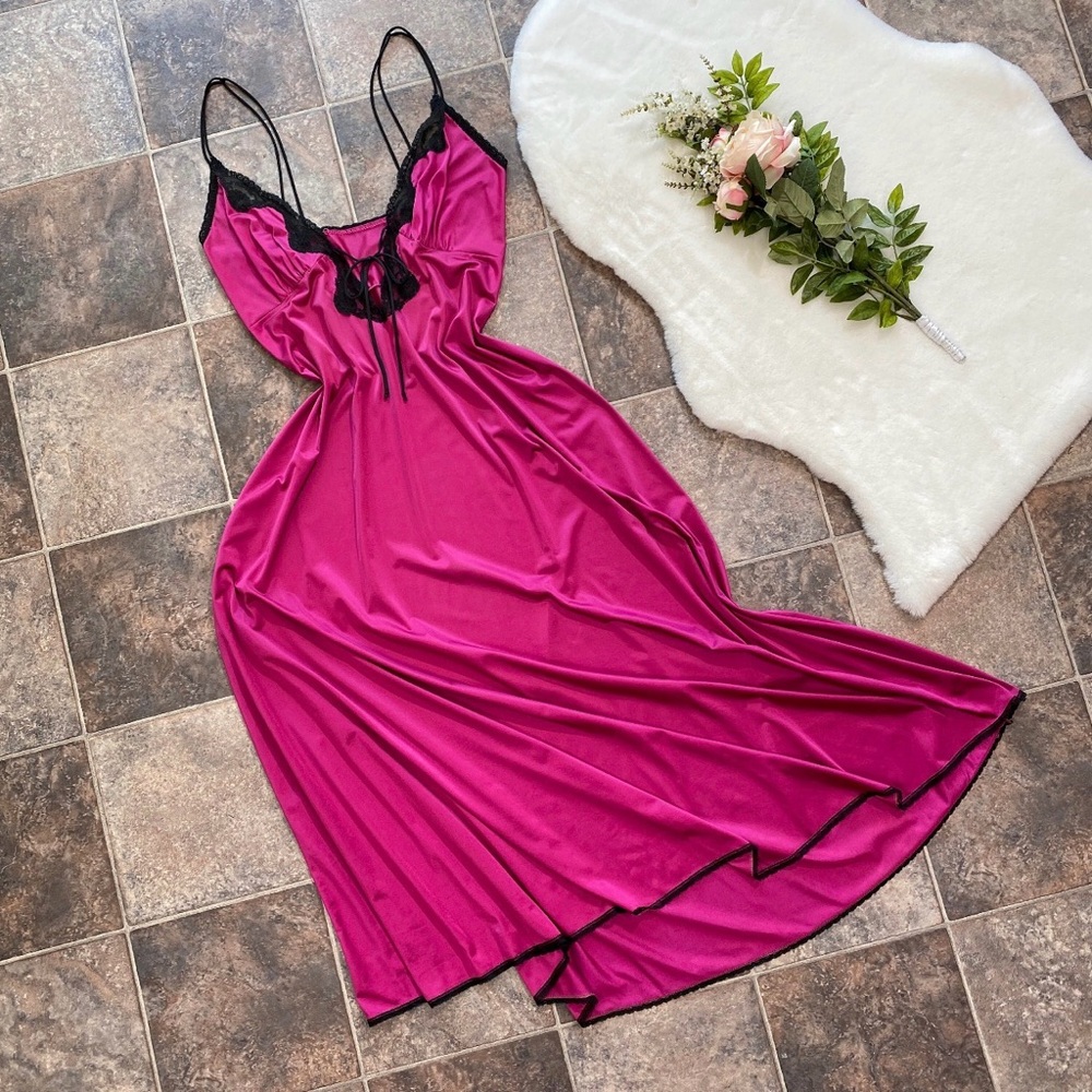 Vintage fuchsia pink maxi length nylon slip dress